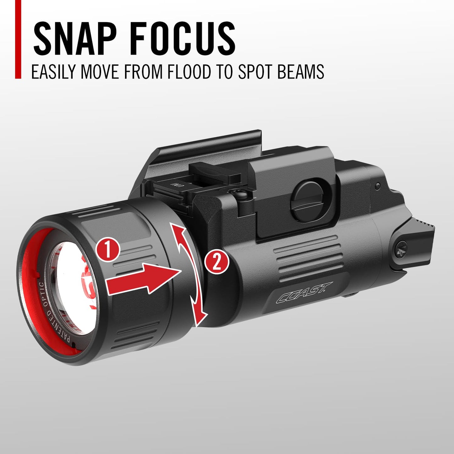 Coast PTX65R Two Beam 1000 Lumen USB-C Rechargeable LED Tactical Weapon Light with Tool-Free Universal/Picatinny Mounting System, and Spot & Flood Beams - IP54 Rating
