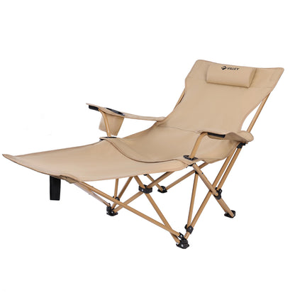 VILLEY Reclining Camping Lounge Chair Adjustable Foldable Chair for Adults with Removable Footrest, Headrest & Storage Bag Supports Up to 330 LBS Beige
