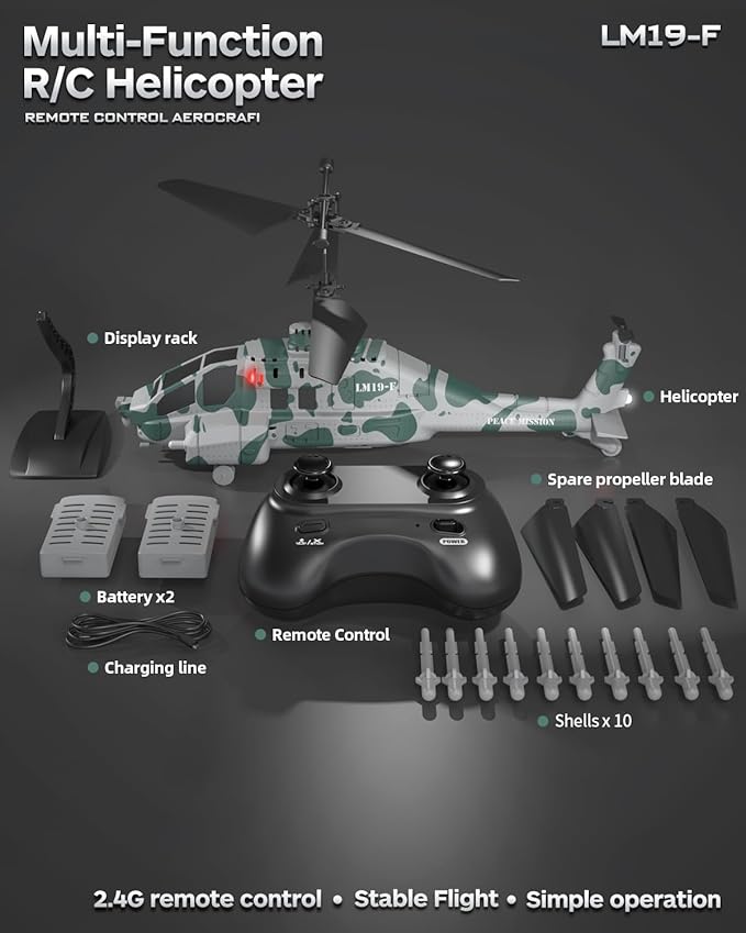 RC Helicopter with 10 Missiles 2.4GHz LM19-F Army Remote Control Helicopter Military Helicopter for Beginners and Adults LED Lights Altitude Hold One-Key Take Off Indoor Friendly