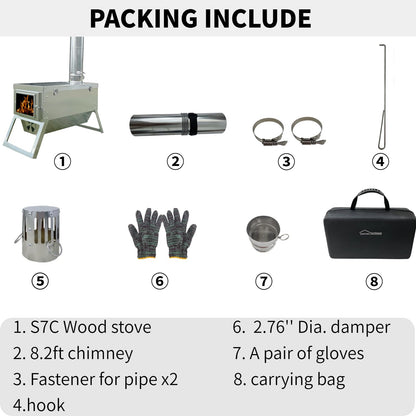 DANCHEL OUTDOOR S7C Wood Stove for Hot Tent, Portable Folding Camping Stove with Insulated Pad & Spark Arrestor, 304 Stainless Steel Collapsible Body for Winter Survival Cooking