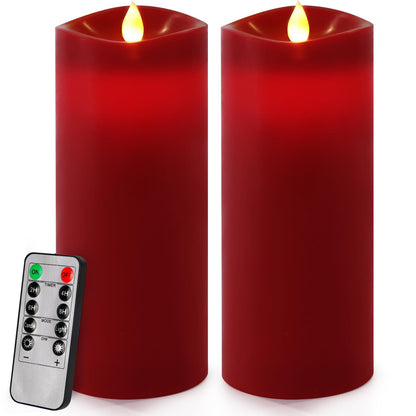 Enpornk 7” x 3” Flameless Candles, Flickering Moving Flame LED Candles, Battery Operated Candles with Remote and Timers, Burgundy, Set of 2
