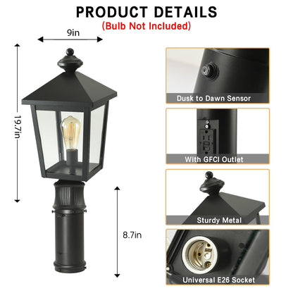 Outdoor Post Light with GFCI Outlet, Dusk to Dawn Aluminum Pole Lantern with Built-In Weatherproof Socket, IP65 Waterproof Post Light Fixture with Clear Glass Shade, Black for Yard Pathway Garden