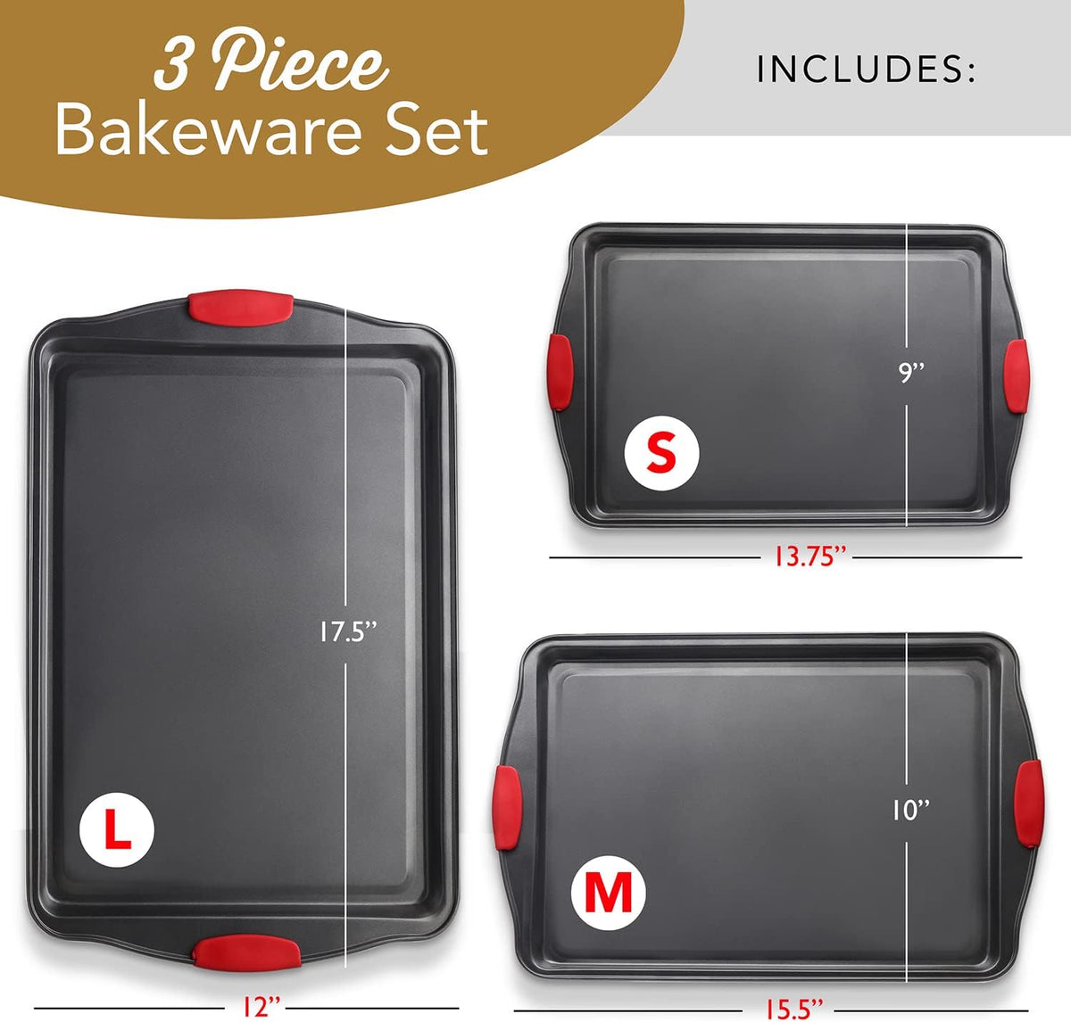 Skiennix Baking Sheet Set - 3-Piece Nonstick Cookie Sheets with Silicone Handles | Durable Steel Pans - Black