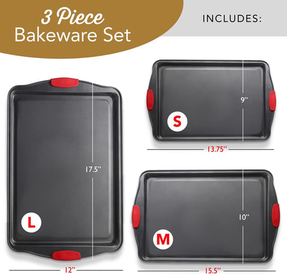 Skiennix Baking Sheet Set - 3-Piece Nonstick Cookie Sheets with Silicone Handles | Durable Steel Pans - Black