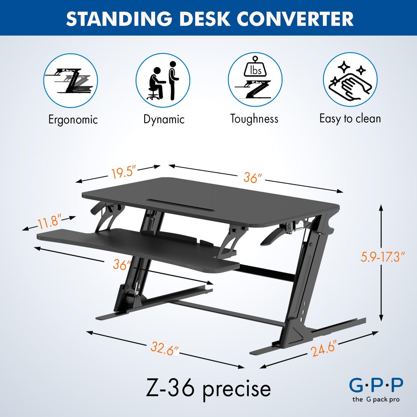 G-PACK PRO 36″ Wide Standing Desk Converter – Sit-to-Stand Workstation for Dual Monitors, Height Adjustable Up to 17.3″ with Large Keyboard Tray – Black