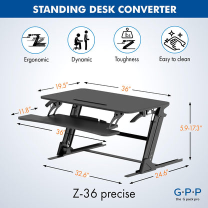 G-PACK PRO 36″ Wide Standing Desk Converter – Sit-to-Stand Workstation for Dual Monitors, Height Adjustable Up to 17.3″ with Large Keyboard Tray – Black