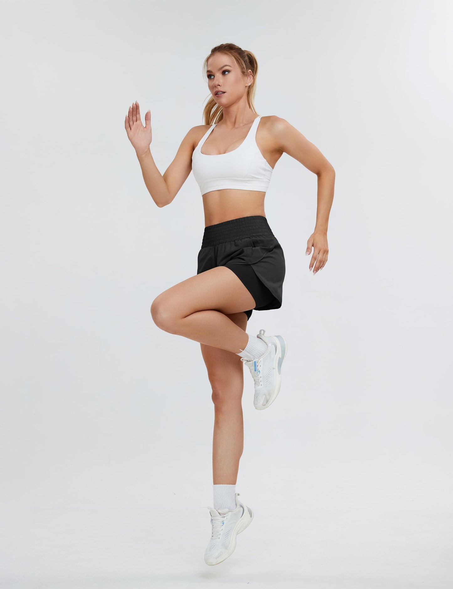 BMJL Women's Running Workout Shorts Elastic High Waist Pocket Short(M,Black359)
