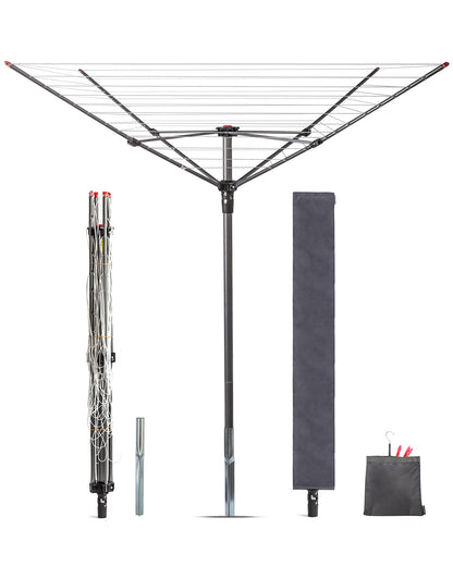 STORAGE MANIAC Outdoor Umbrella Drying Rack, 12 Lines with 164 Feet Drying Space, Steel Frame & Adjustable Height, 4-arm Umbrella Clothesline for Laundry, Collapsible Clothes Drying Rack for Backyard