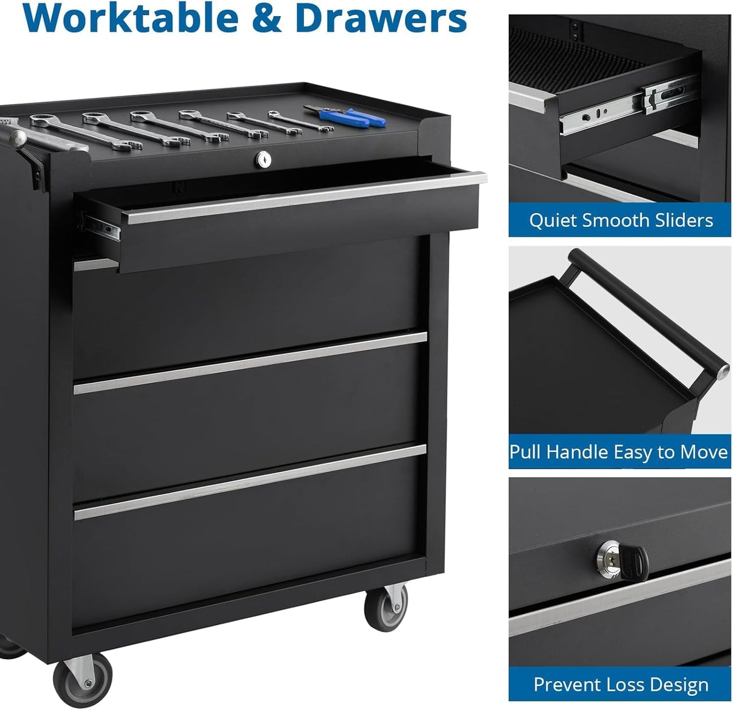 GarveeHome 4-Drawer Tool Chest, Rolling Tool Box with Wheels and Lock System, Portable Storage Rolling Tool Chest for Warehouse, Workshop & Repair Shop, Black