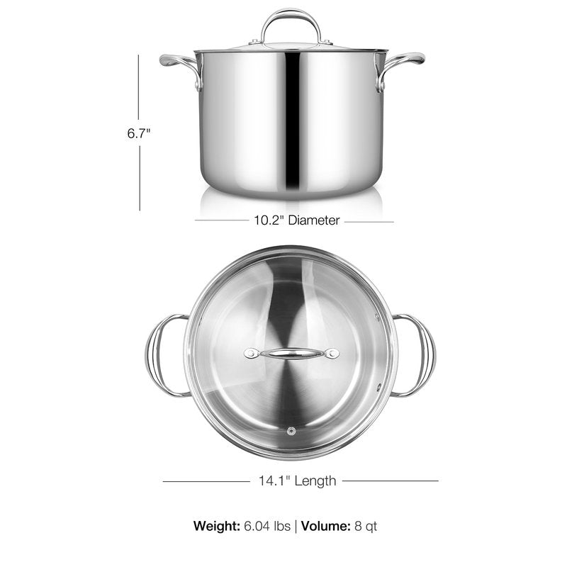 KEAWELL K3 Premium 8-Quart Tri-Ply Stainless Steel Stockpot with Lid, Induction & Oven Safe up to 600°F, Even Heating, Professional Cookware for All Stovetops (8-Qt)