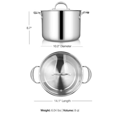 KEAWELL K3 Premium 8-Quart Tri-Ply Stainless Steel Stockpot with Lid, Induction & Oven Safe up to 600°F, Even Heating, Professional Cookware for All Stovetops (8-Qt)