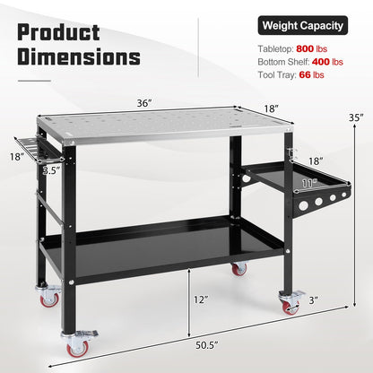 ERGOMASTER Welding Table 36'' x 18'',1200LBS Steel Weld Workbench with Wheels, 8 Tool Slots and 5/8" Fixture Holes for Welder Garage & Workshop