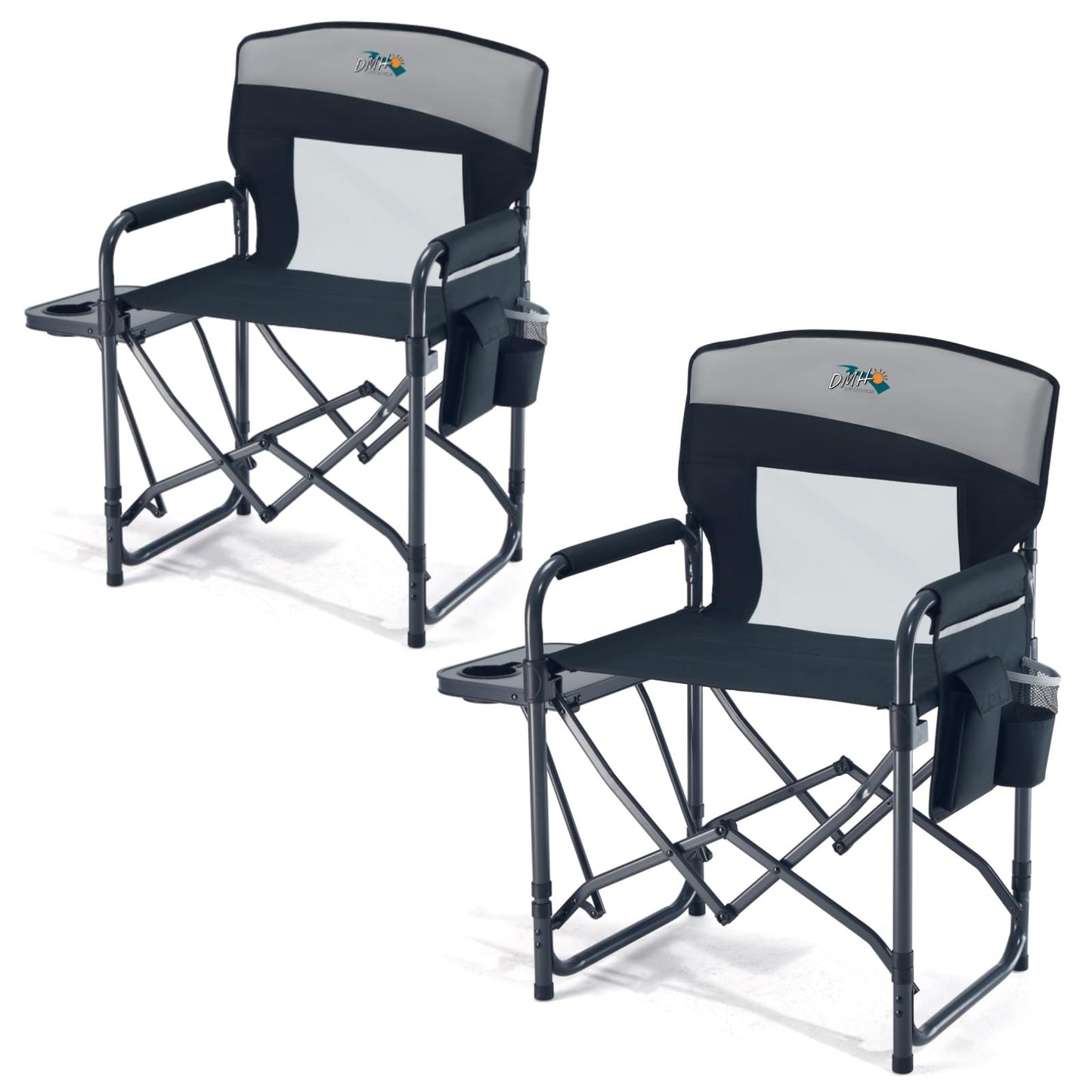2 Pack Camping Chairs for Adults Directors Chair with Side Table, 1-Step Setup, Mesh Backrest Folding Lawn Chairs with Pocket, Foldable Camp Chair for Outdoor, Picnic, Sports and Fishing, Black