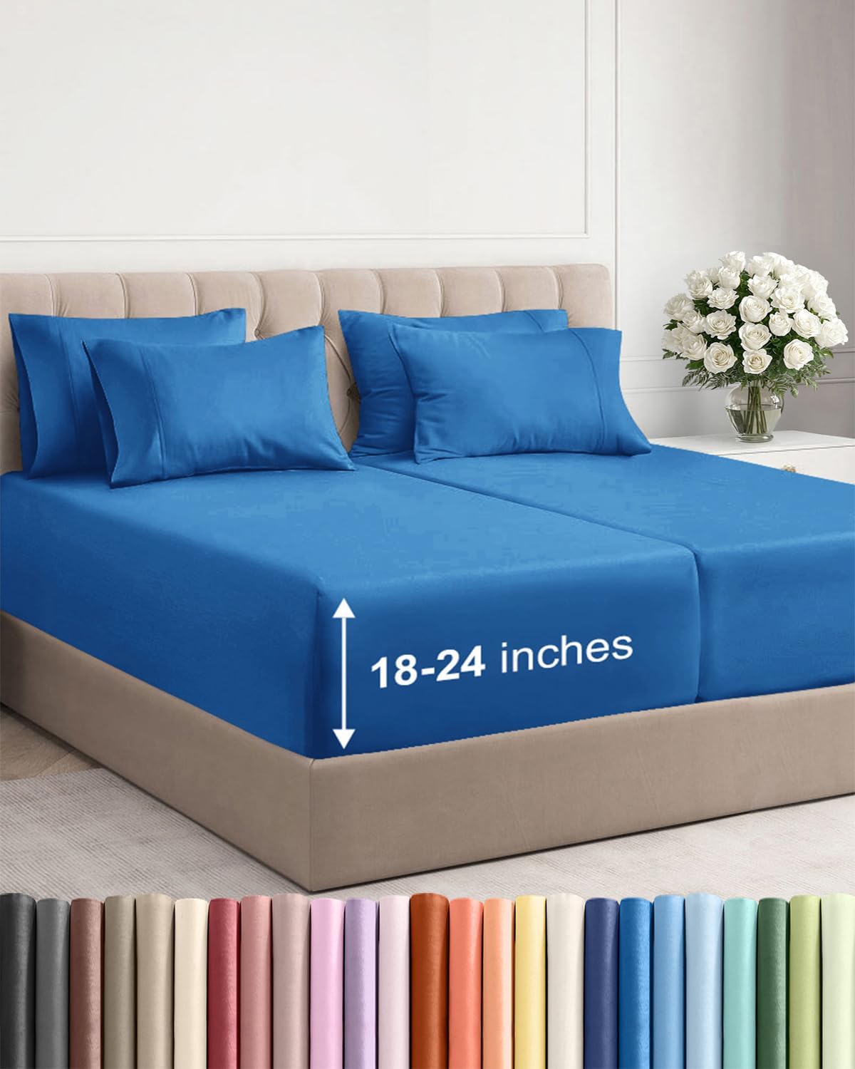 Skiennix Extra Deep Split King Sheet Set - 7 Piece Breathable Cooling Bedding - Soft Wrinkle-Free Royal Blue