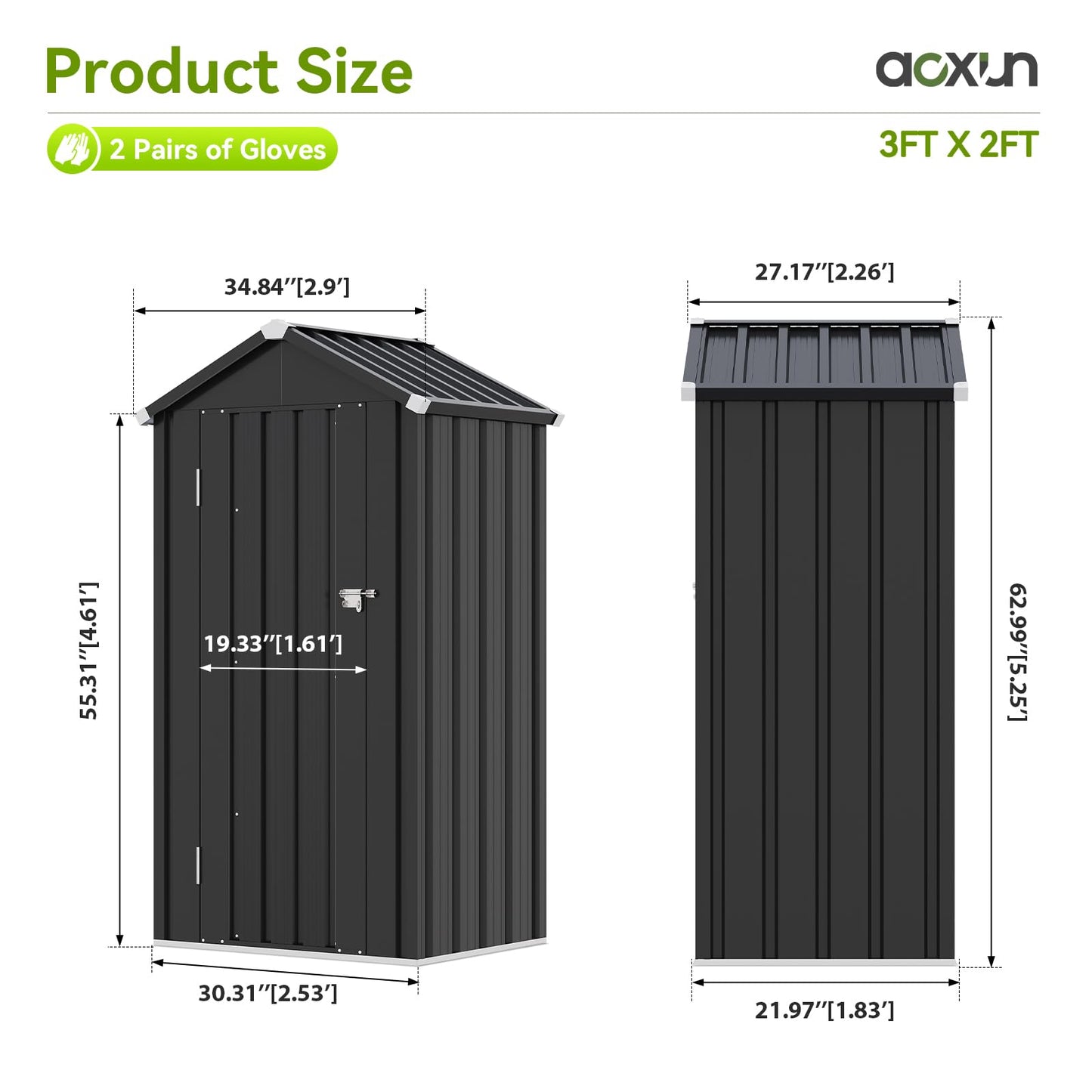 Aoxun Vertical Metal Tool Cabinet 2.5x2FT, 21 Cu.Ft Weatherproof Outdoor Storage Shed with Floor & Adjustable Shelves, Space-Saving Design for Garden, Garage, Patio