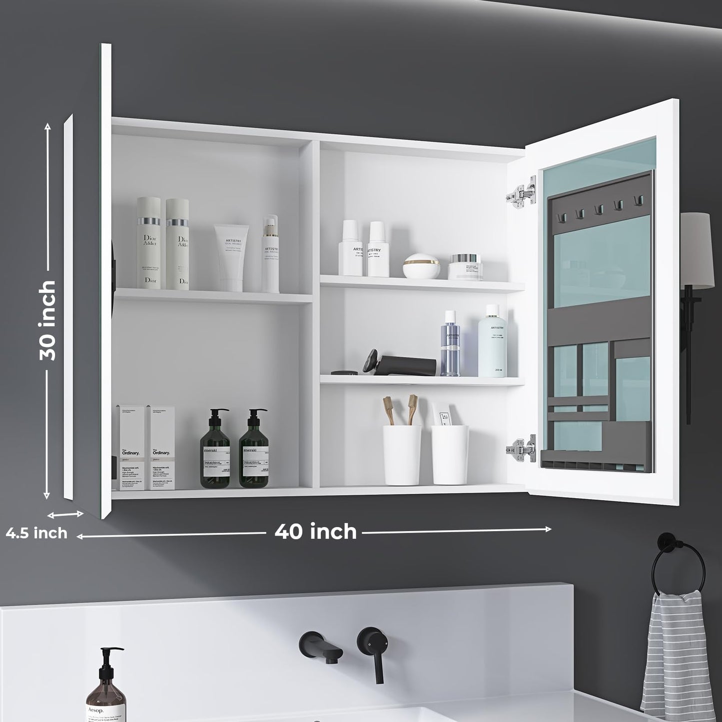 THNIKRE 40"x30" Bathroom Medicine Cabinet with Mirror, Wall Cabinet with 3X Adjustable Height & Angle Magnifier, Behind Door Storage, Wooden Storage Shelves, HD Shatter-Proof Mirror