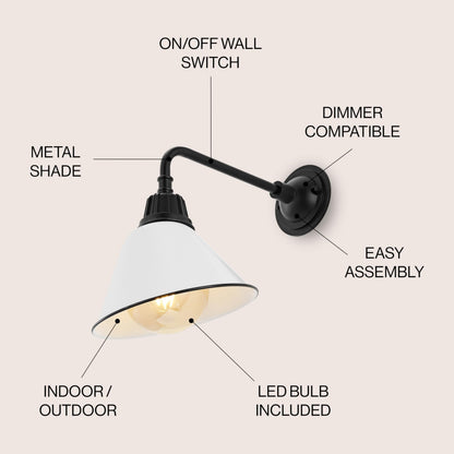 JONATHAN Y 9.63" White/Black 1-Light Farmhouse Outdoor Sconce, Industrial LED Wall Light, Gooseneck Arm Barn Lamp with Metal Bell Shade for Porch, Patio, Kitchen, LED Bulb Included JYL7612A