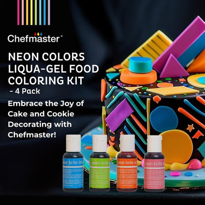 Chefmaster 4-Bottle Set of Neon Food Coloring, Liqua-Gel® Vibrant Colors, Professional-Grade Dye for Easter Eggs, Icing, Frosting, Fondant, & Batters, Fade-Resistant, Made in USA, 0.67 oz