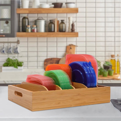 Bamboo Lid Holder | Kitchen Organizer with 5 Adjustable Dividers | 2-Piece Food Container Set