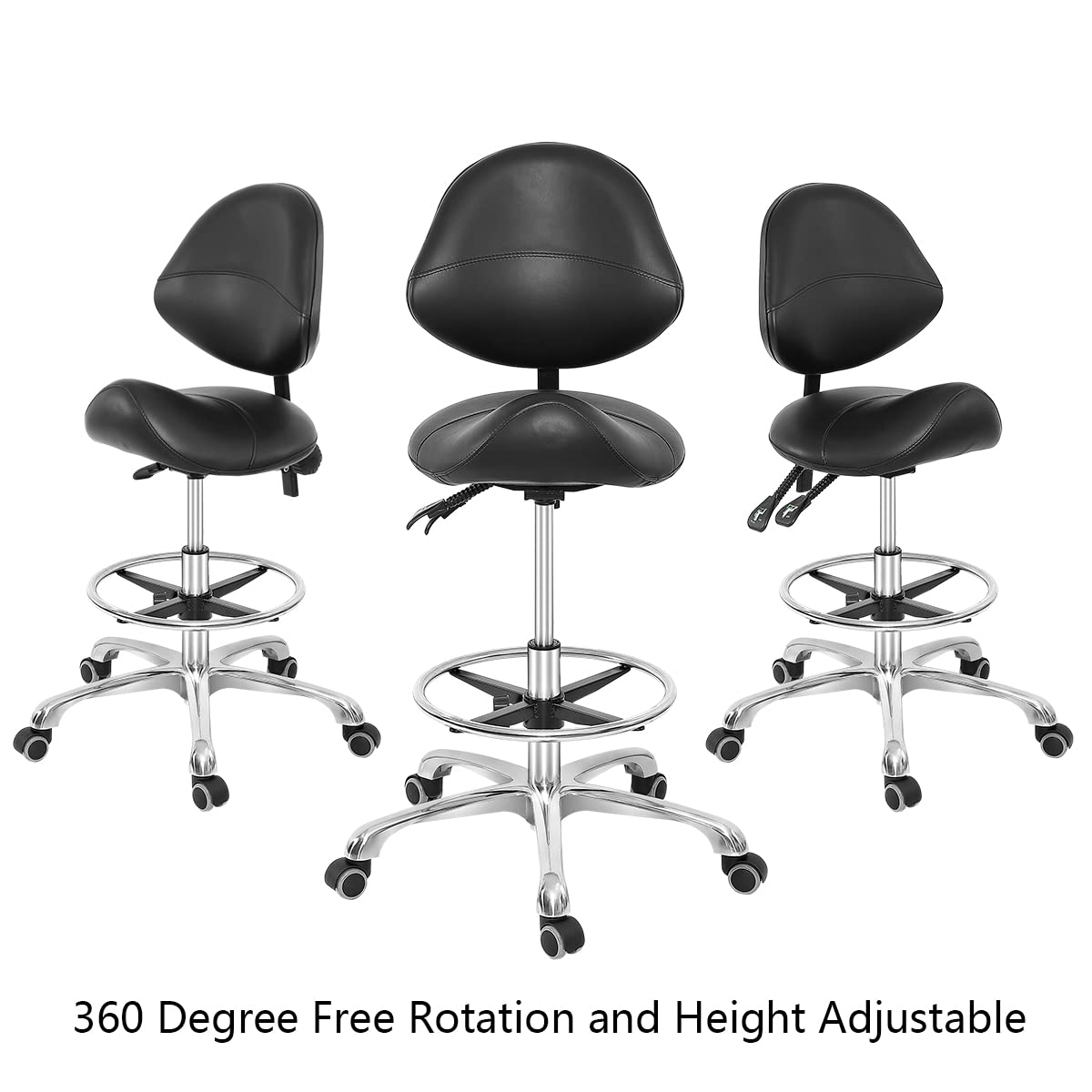 Grace & Grace Professional Saddle Stool Chair with Back Support, Hydraulic Ergonomic Saddle Seat Stool with Wheels for Clinic Dentist Spa Massage Salons Studio (Black, with Foot Rest)
