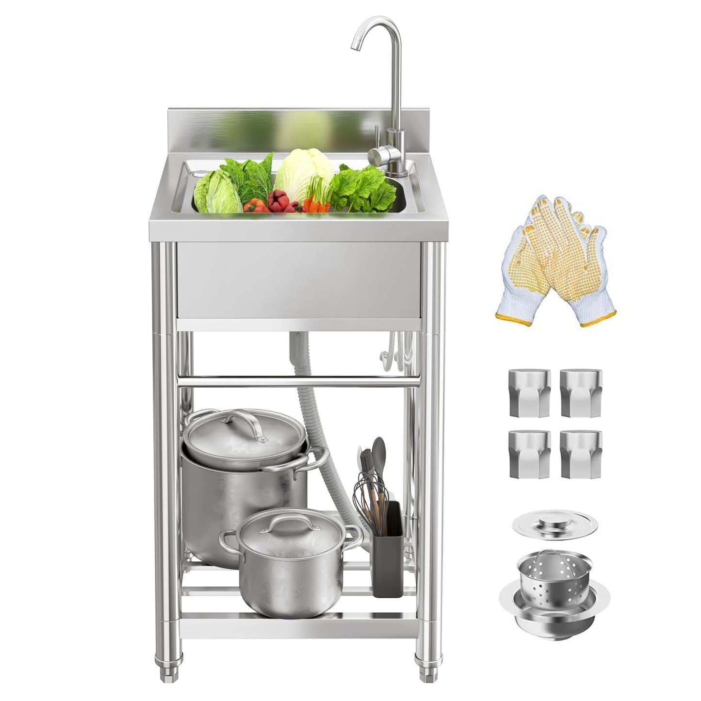 Granper 22in Stainless Steel Utility Sink, laundry sink with Cabinet, Outdoor Sink Station for Lawn & Garden