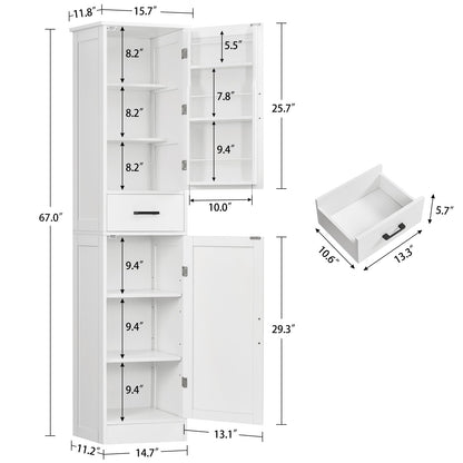 TEENFON Tall Storage Cabinet with 3 Door Shelves & 1 Drawer, Narrow Kitchen Pantry Cabinet for Living Room, Bathroom, Entryway, White