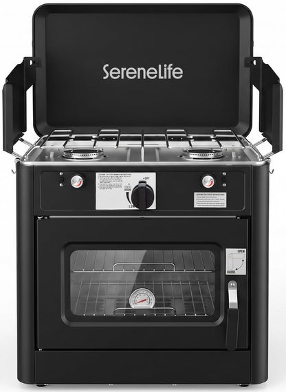 Camping Oven 3 in 1 Stove Oven Combo, Outdoor Camp Oven with 2 Burner Cooking, Piezo Ignition and Temperature Control, Compact RV, Camping and Tailgating
