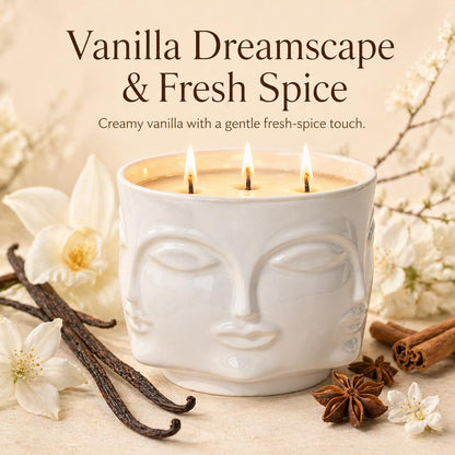 Viyffo 20oz Large Scented Candle – Vanilla Dreamscape & Fresh Spice, 3 Wick Non Toxic Soy Candle, Decorative White Ceramic Jar, Luxury Home Fragrance for Women, Elegant Art Décor & Unique Gift