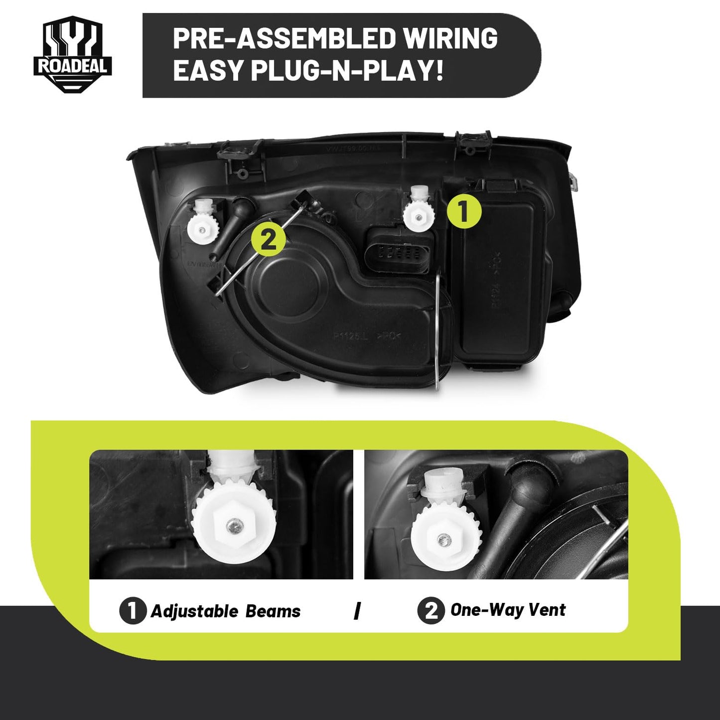ROADEAL Headlights W/Bulbs for 1999-2005 VW Jetta Mk4 Models Halogen Headlamp Replacement Driver & Passenger Side, NOT fit Model with Integrated Fog Light