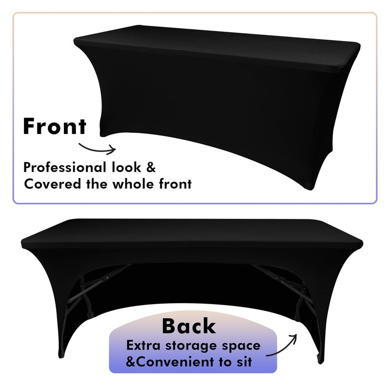 Nasitos 2 Pack Spandex Fitted Black Tablecloth for 4 Foot Tables-Open Back Folding Table Cover Washable Fabric Stretch, Tight and Wrinkle Resistant Table Protector for Trade Show, Craft Show, Events