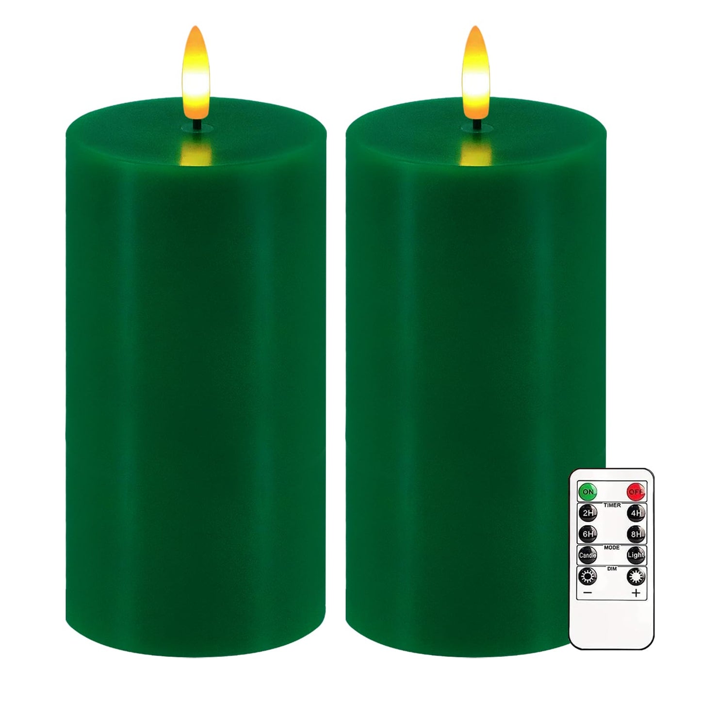 Green Flameless Candles, Set of 2 7"x3" Flickering LED Candles with Remote & Timer, Dimmable Electric Pillar Candles Battery Operated, Candles Light for Home St. Patrick's Christmas Decor (Green)