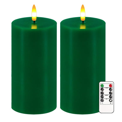 Green Flameless Candles, Set of 2 7"x3" Flickering LED Candles with Remote & Timer, Dimmable Electric Pillar Candles Battery Operated, Candles Light for Home St. Patrick's Christmas Decor (Green)