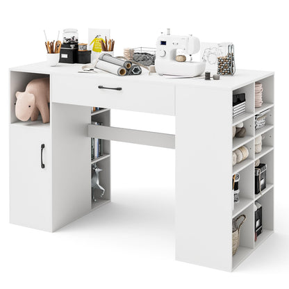 COSTWAY 36” Counter Height Sewing Table, 53 Inch Artwork Craft Table with 14 Open Compartments, 3-Position Adjustable Shelf, 1 Drawer & Cabinet, Project Center Desk Drafting Sewing Workstation, White