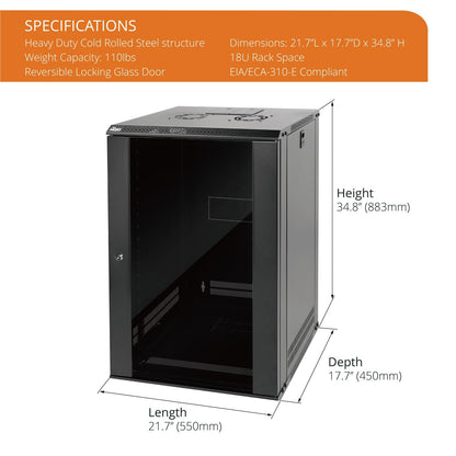 Tecmojo 18U Wall Mount Rack Network Cabinet for 19" IT Equipment,with Lockable Glass Door and Side Panels,Cooling Fan,Black,17.7inch Depth for AV/Computer/Electronics Equipment Data Rack