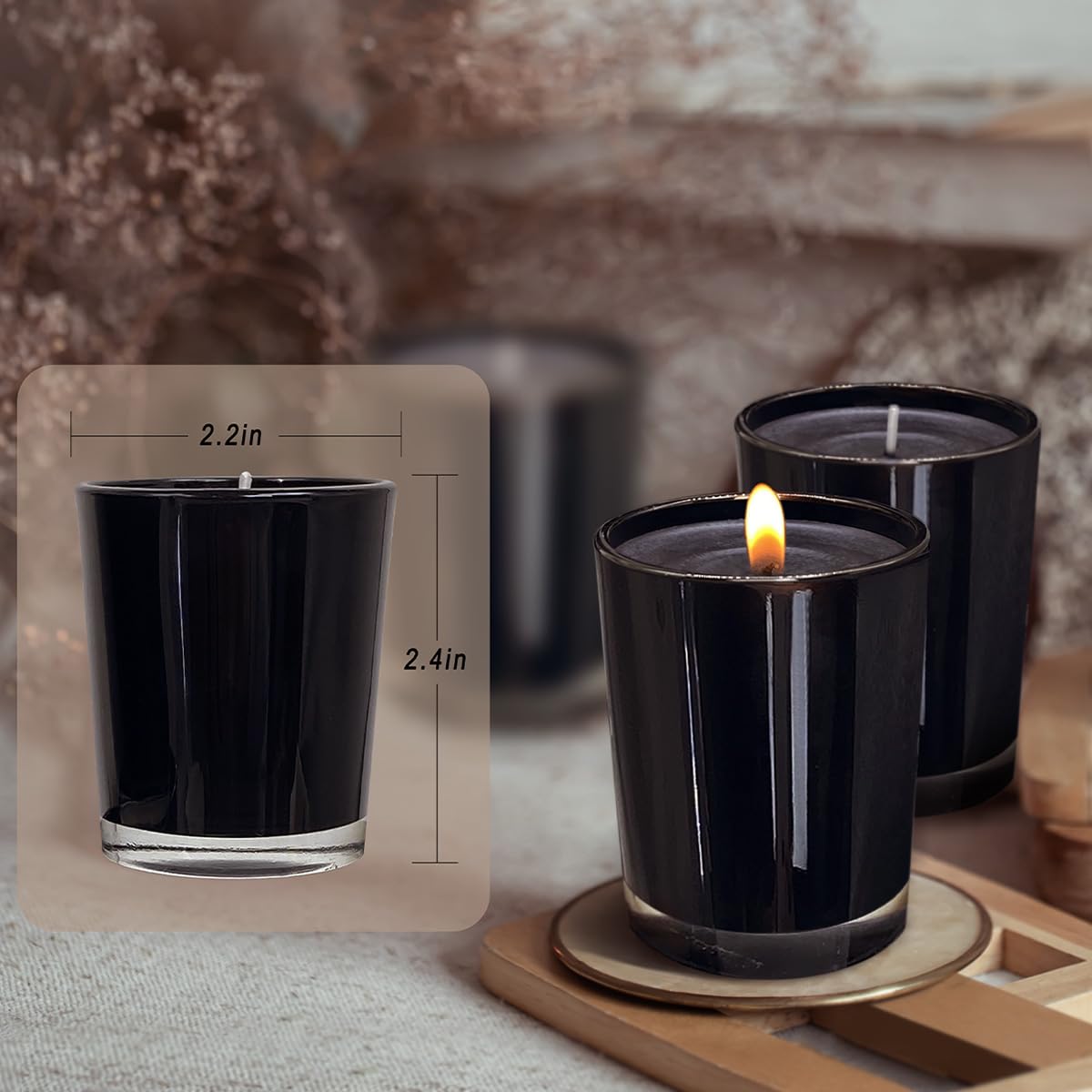 12 Pack Black Unscented Glass Filled Votive Candles, Soy Wax Candle Ideal Gifts for Spa Weddings Birthdays Holidays Party