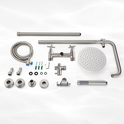 gotonovo Outdoor Shower Fixtures SUS304 Stainless Steel Rain Shower Kit Faucet High Pressure Wall Mount 2 Dual Function 8 Inch Showerhead and Handheld Spray Combo, Double Cross Handle, Brushed Nickel