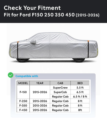 Wigoo Ford F150 F250 F350 F450 Truck Car Cover Accessories 2015-2026, Waterproof All Weather Outdoor Full Pickup Cover, Windproof UV Rain Snow Dust Protection, Door Zipper, Reflective Safety Strips