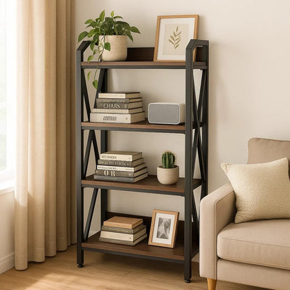 flowmultiply 4-Tier Bakers Rack Storage Shelf – Metal & Wood Kitchen Organizer with Adjustable Shelves, Rustic Industrial Shelf for Pantry or Office (15.8" L × 25.6" W × 56.3" H)