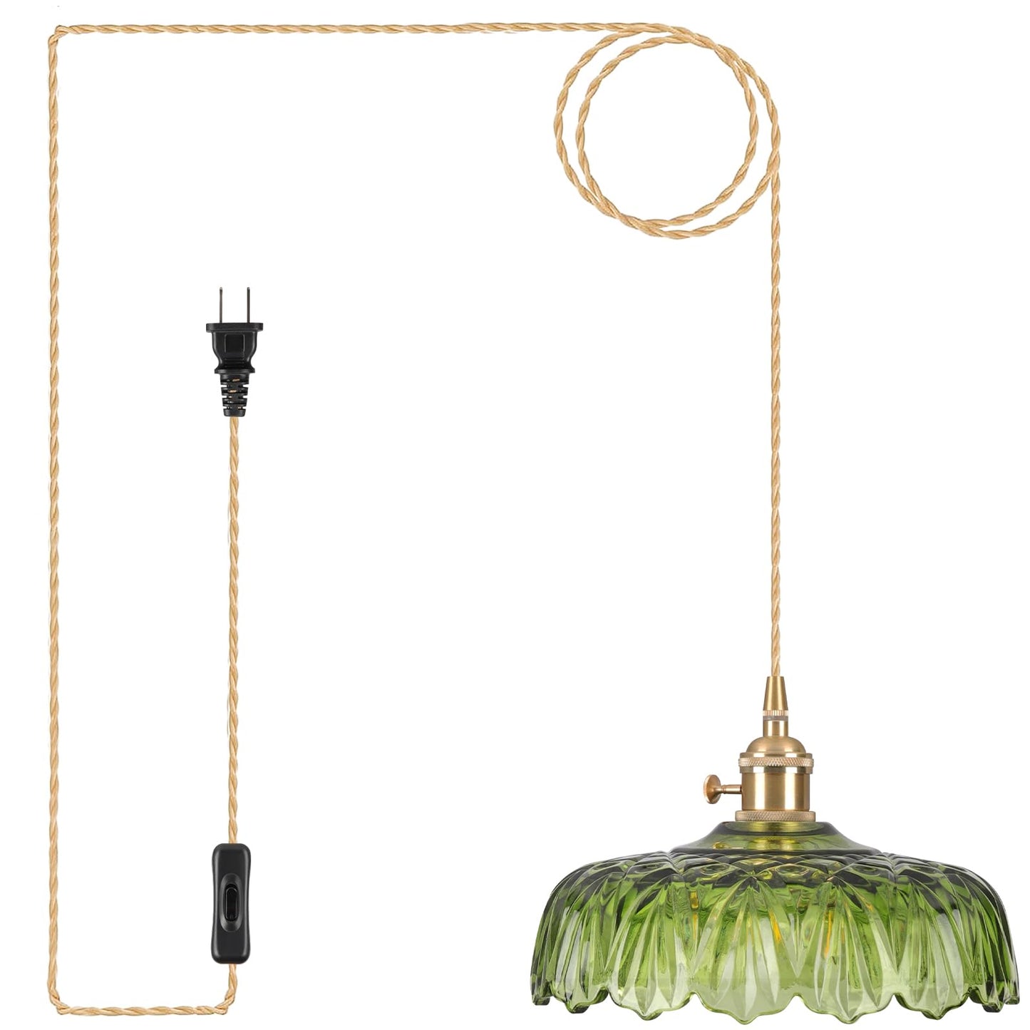 Loiogohot Plug in Pendant Light Fixture, Green Glass, E26, 9.4in, Model BN1167-GN-PI for Kitchen, Bedroom, Dining Room, Living Room