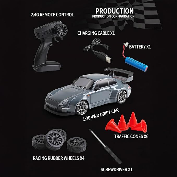 High Speed 1:24 4WD RC Drift Car with Proportional 2.4G Remote Control Dual Tire Configuration and LED Light Racing Vehicle Model for Adults Enthusiasts– Black