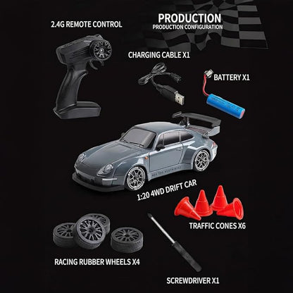 High Speed 1:24 4WD RC Drift Car with Proportional 2.4G Remote Control Dual Tire Configuration and LED Light Racing Vehicle Model for Adults Enthusiasts– Black