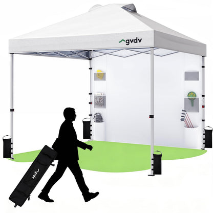 GVDV 10x10 Pop Up Canopy Tent with Pocket Sidewall, Beach Tent with One Push Setup, Outdoor Sun Shade for Events, Parties, Camping - Gazebo with Wheelbag and 4 Weight Bags, White, CP23