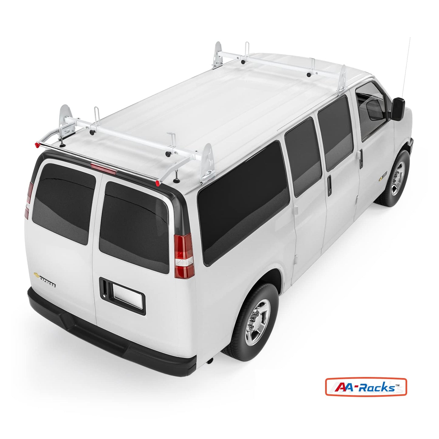 AA-Racks Model RX27 Fullsize Steel Two-Bar Van Ladder Roof Racks with Rear Cargo Roller - White