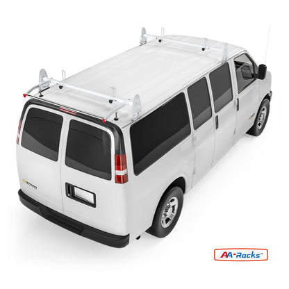 AA-Racks Model RX27 Fullsize Steel Two-Bar Van Ladder Roof Racks with Rear Cargo Roller - White