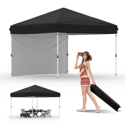 GarveeLife 10x10 Pop Up Canopy with One Sidewalls - Easy Up Camping Tent with One Button Push Setup - 1 Roller Bag, 3 Adjustable Height, 4 Weight Bags for Deck, Garden, Sports, Beach, Party - Black