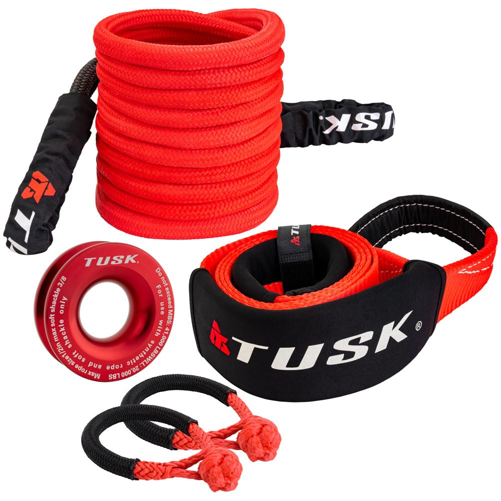 Tusk Heavy Duty UTV/ATV Kinetic Recovery Kit with Kinetic Rope (5/8” x 20’) Tree Strap (3' X 8') Aluminum Snatch Recovery Ring and Two Shackles (Stage 3, Synthetic)