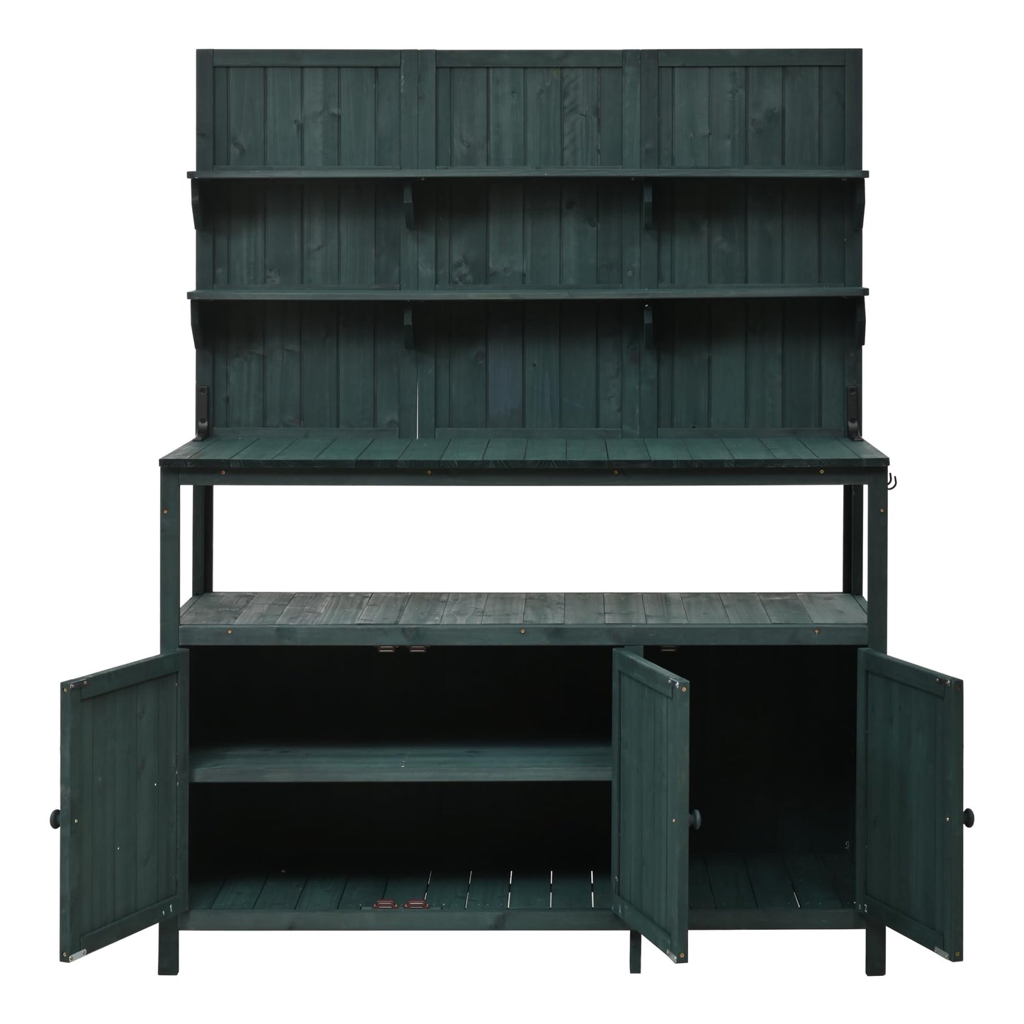 Merax Outdoor Potting Bench Table with Hutch, 50.2" Fir Wood Garden Workstation, Large Countertop, 2 Shelves, 2 Cabinets, 3 Side Hooks, Wooden Gardening Planting Table for Backyard, Patio, Green