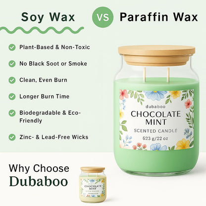 Large 22oz Soy Candle – Long Lasting 80+ Hour Burn, Hand Poured Clean Burning Scented Candle with Cotton Wick, Reusable Glass Jar – Chocolate Mint | DUBABOO