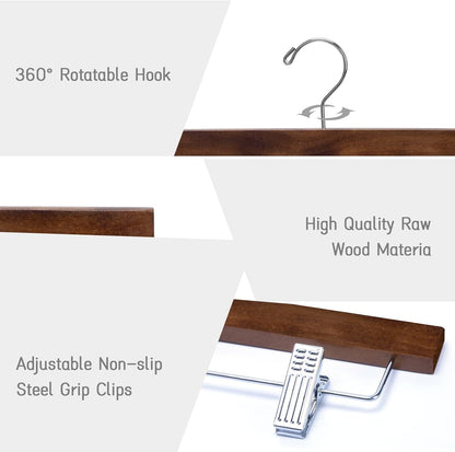 Nature Smile Wooden Pants Hangers with Clips - 10 Retro-Style Trousers Holders