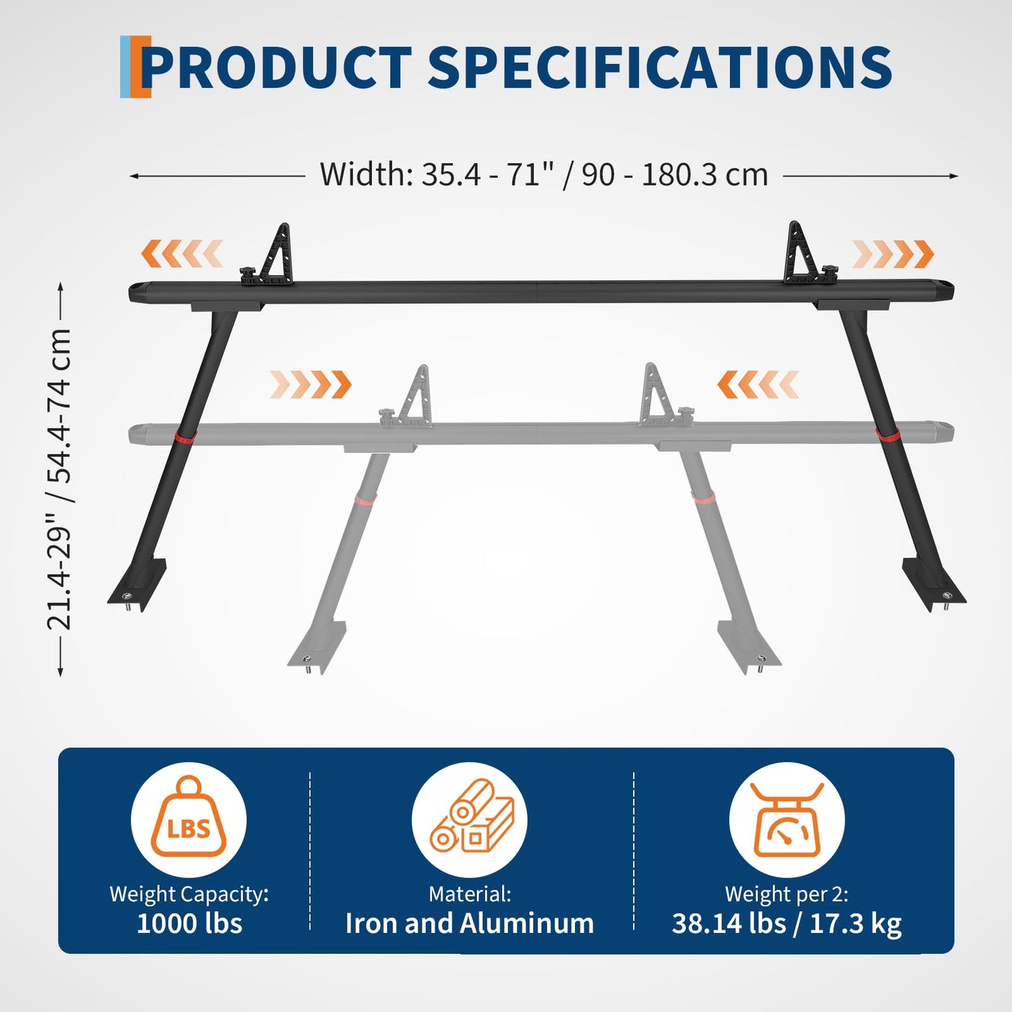 Adjustable Aluminum Truck Ladder Rack 35.4–71 in, 800 LB Heavy-Duty Pickup Bed Cargo System with Drilling Mount for Kayak, Surfboard, Lumber & Work Equipment - Black